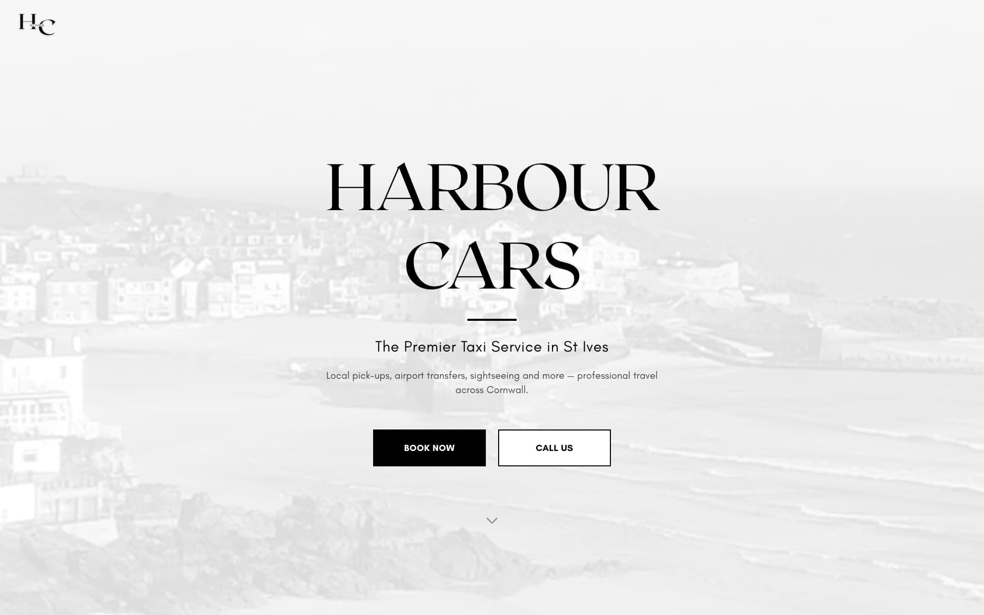 Harbour Cars St Ives website hero section showing the Book Now and Call Us CTAs.